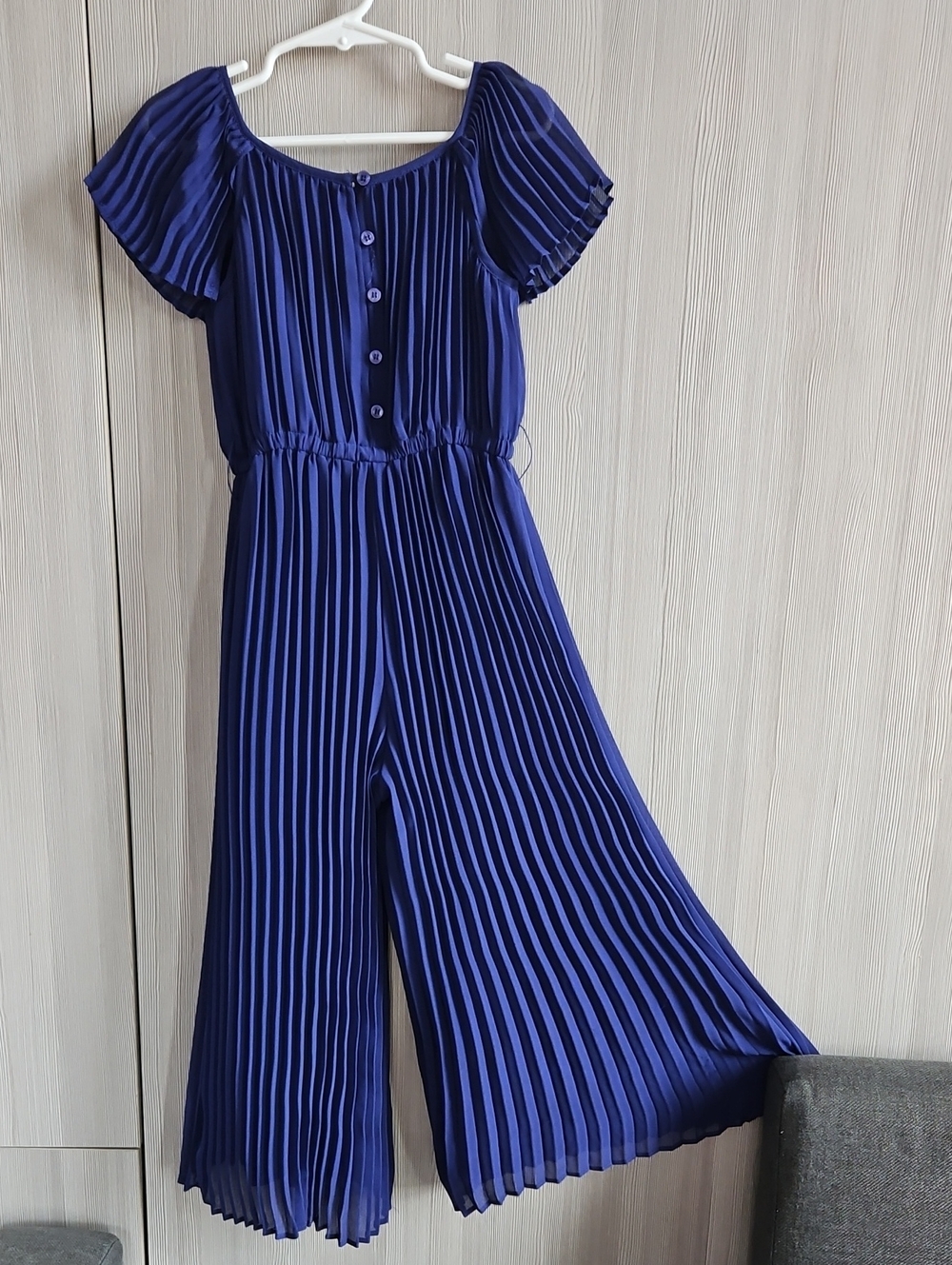 Monsoon Navy Pleated Wide-Leg Jumpsuit with Flutter Sleeves Size 5-6